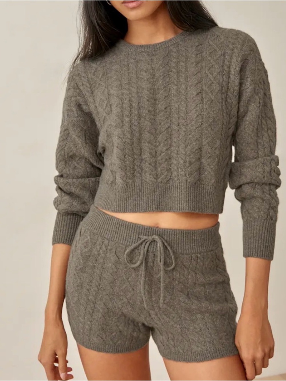 Reformation ALFIO Brown Cable Knit Crop Sweater & Shorts Set